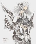  1girl bangs bodysuit breasts closed_mouth exoskeleton eyebrows_visible_through_hair fingerless_gloves gloves green_eyes grey_background grey_hair halo headgear highleg highres holding long_hair mecha_musume original rayvon sidelocks simple_background sketch small_breasts smile solo standing tareme thighs white_gloves 