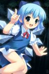  1girl :d akiba_hideki blouse blue_bow blue_dress blue_eyes blue_hair blush bow cirno dress eyebrows_visible_through_hair hair_bow ice ice_wings index_finger_raised looking_at_viewer neck_ribbon open_mouth puffy_short_sleeves puffy_sleeves red_ribbon ribbon round_teeth short_hair short_sleeves smile solo teeth touhou white_blouse wing_collar wings 