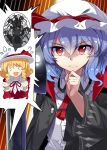  &gt;_&lt; 2girls blonde_hair closed_eyes closed_mouth drill_hair e.o. elly eyebrows_visible_through_hair facing_viewer hat highres lavender_hair long_sleeves mob_cap multiple_girls red_eyes remilia_scarlet short_hair speech_bubble sweatdrop touhou 