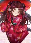  1girl bow brown_eyes brown_hair danann fate/grand_order fate_(series) from_above gloves hair_bow highres japanese_clothes kimono looking_up obi sash sitting solo tohsaka_rin twintails umbrella wariza 