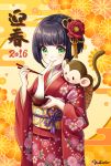  1girl 2016 animal animal_on_shoulder black_hair blush bowl closed_mouth eyebrows_visible_through_hair flower furisode green_eyes hair_flower hair_ornament highres holding holding_bowl holding_chopsticks japanese_clothes kimono looking_at_viewer monkey nengajou new_year original short_hair signature smile yukinko_(yukiwork) 