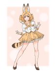  1girl absurdres adapted_costume animal_ears blonde_hair bow commentary_request full_body gloves hair_bow high_heels highres kemono_friends large_bow legs legs_apart long_sleeves looking_at_viewer parted_lips petticoat serval_(kemono_friends) serval_ears serval_tail shirt short_hair skirt smile solo suzushiro_(suzushiro333) tail white_gloves white_shirt yellow_eyes yellow_skirt 