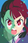  &gt;:o 1girl :o bangs blunt_bangs brown_hair face flat_color frown galou kagari_atsuko little_witch_academia looking_at_viewer open_mouth red_eyes round_teeth solo sparkle teeth 