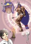  1boy 1girl bol_(liliymimi) closed_eyes fate/grand_order fate_(series) fujimaru_ritsuka_(male) grin highres muscle muscular_female nitocris_(fate/grand_order) purple_hair shield skeleton smile staff tears thighs translation_request 