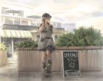  1girl adjusting_hair awning baseball_cap black_hair blurry boots bubble_blowing cafe chewing_gum clouds collarbone depth_of_field hand_up hat highres long_hair looking_to_the_side original outdoors plant profile shorts sign sky solo tantu_(tc1995) twilight 