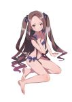  1girl amana_(pocketkey) bare_legs barefoot bikini blue_bikini blush brown_eyes brown_hair closed_mouth feet forehead full_body hand_up highres looking_at_viewer original sidelocks simple_background sitting soles solo swimsuit thighs toes white_background yokozuwari 