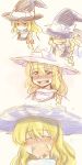  &gt;:| 1girl blonde_hair blush bow braid closed_eyes closed_mouth comic crying dra eyebrows_visible_through_hair face hat hat_bow highres kirisame_marisa long_hair nose_blush open_mouth parted_lips side_braid single_braid snot sobbing solo tearing_up tears touhou upper_body witch_hat 
