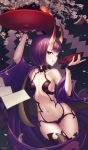  1girl absurdres artist_name blush bowl breasts chyffon eyebrows_visible_through_hair fate/grand_order fate_(series) highres holding holding_bowl horns looking_at_viewer navel purple_hair short_hair shuten_douji_(fate/grand_order) sideboob small_breasts smile solo tongue tongue_out violet_eyes 