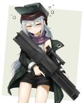  1girl assault_rifle black_shorts cowboy_shot flat_cap g11 g11_(girls_frontline) girls_frontline gun hair_between_eyes half-closed_eyes hat heart holding holding_gun holding_weapon jacket long_hair looking_at_viewer purple_scarf red_eyes rifle scarf short_shorts shorts silver_hair sinensian solo standing trigger_discipline weapon yellow_eyes 