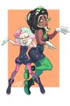 2girls absurdres callie_(splatoon)_(cosplay) colo_(nagrolaz) cosplay costume_switch dark_skin fangs full_body gloves green_eyes highres looking_at_viewer marie_(splatoon)_(cosplay) marina_(splatoon) mole mole_under_mouth multicolored_hair multiple_girls pantyhose pearl_(splatoon) smile splatoon splatoon_2 symbol-shaped_pupils tentacle_hair two-tone_hair white_gloves