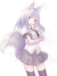  1girl animal_ears blue_eyes buran_(kure) cowboy_shot fang fox_ears fox_tail highres long_hair looking_at_viewer necktie open_mouth original shirt silver_hair simple_background skirt solo standing tail thigh-highs 