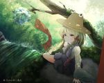  1girl blonde_hair branch commentary_request copyright_name day hair_ribbon hat looking_up megami_benka moriya_suwako nature outdoors purple_skirt red_ribbon ribbon sitting skirt skirt_set solo touhou tress_ribbon vest water waterfall wide_sleeves wind_chime yellow_eyes 