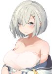  1girl 3: blue_eyes breasts bright_pupils camisole cleavage closed_mouth eyebrows_visible_through_hair hair_ornament hair_over_one_eye hairclip hamakaze_(kantai_collection) highres kantai_collection kei_(soundcross) large_breasts off_shoulder sailor_collar sailor_shirt shirt short_hair silver_hair simple_background solo strap_gap strap_slip sweatdrop upper_body white_background white_pupils 
