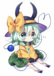  1girl :&lt; beetle_horn blush bow chibi commentary_request eyeball eyebrows_visible_through_hair frilled_shirt_collar frilled_sleeves frills full_body green_eyes green_hair hat hat_bow heart heart_of_string highres horns komeiji_koishi kyouda_suzuka long_sleeves looking_at_viewer simple_background sitting skirt solo stag_beetle string third_eye touhou white_background wide_sleeves yellow_bow 
