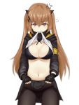  1girl 3: anger_vein ass_visible_through_thighs bangs bikini black_bikini black_gloves black_legwear black_skirt breasts cleavage closed_mouth cowboy_shot eyebrows_visible_through_hair fingerless_gloves flying_sweatdrops girls_frontline gloves hair_between_eyes hair_ornament hairclip highres jacket large_breasts long_hair looking_at_viewer mouth_hold open_clothes open_jacket pantyhose pleated_skirt sidelocks simple_background sinensian skirt skirt_lift solo swimsuit twintails ump9_(girls_frontline) violet_eyes white_background 