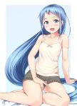  1girl :d absurdly_long_hair arm_support blue_eyes blue_hair breasts camisole casual cleavage hand_on_own_thigh ichikawa_feesu kantai_collection long_hair looking_at_viewer open_mouth samidare_(kantai_collection) short_shorts shorts simple_background sitting small_breasts smile solo strap_slip very_long_hair yokozuwari 