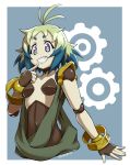  1girl artist_name blue_hair breasts doll_joints fingerless_gloves gears gloves green_hair grin highres kumo_(kumo8159) multicolored_hair nude open_mouth senki_zesshou_symphogear shoge small_breasts smile solo tiki_(symphogear) twitter_username two-tone_hair violet_eyes 