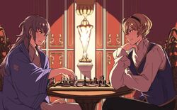  2boys ai-wa blonde_hair board_game chess chess_piece chessboard european_clothes fire_emblem fire_emblem_if hakama japanese_clothes leon_(fire_emblem_if) multiple_boys playing_games smile sweat takumi_(fire_emblem_if) white_hair 