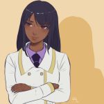  1girl black_hair blush brown_eyes crossed_arms dark_skin dr._eva_rosalene highres long_hair looking_away mirco_cabbia necktie shadow signature simple_background smile solo to_the_moon upper_body yellow_background 