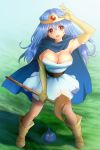  1girl blue_cape blue_hair blush boots breasts brown_boots brown_hair cape cleavage dragon_quest dragon_quest_iii elbow_gloves gloves highres knee_boots large_breasts long_hair looking_at_viewer open_mouth sage_(dq3) shiro_hougyoku slime_(dragon_quest) smile yellow_gloves 