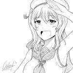  1girl anchor commentary greyscale kantai_collection kashima_(kantai_collection) looking_at_viewer monochrome open_mouth sailor_collar salute sketch smile solo tagme twintails wangphing wavy_hair 