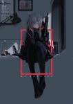  1girl absurdres assault_rifle bangs black_legwear cellphone character_name closed_eyes fangs girls_frontline grey_hair gun highres holding holding_gun holding_weapon indoors iphone jacket lamp legs_together long_hair m4_carbine m4_sopmod_ii_(girls_frontline) mienthoa military military_uniform multicolored_hair night on_bed open_mouth pantyhose phone poster_(object) purple_hair rifle sidelocks sitting sleeping smartphone solo streaked_hair uniform weapon window 