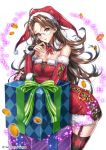  1girl arm_warmers box brown_hair coin copyright_name gift gift_box glasses hat interitio looking_at_viewer official_art red_eyes santa_hat sid_story solo thigh-highs 
