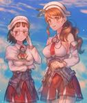  2girls blue_sky blush brown_eyes brown_hair capelet detached_sleeves glasses hand_up hat kantai_collection littorio_(kantai_collection) long_hair moe_(hamhamham) multiple_girls necktie outdoors pince-nez red_necktie red_skirt roma_(kantai_collection) skirt sky smile standing uniform 