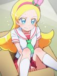  1girl blonde_hair blue_eyes box green_necktie hairband in_box in_container kirahoshi_ciel kirakira_precure_a_la_mode long_hair necktie pink_hairband precure red_skirt school_uniform serafuku shirt sitting skirt solo tj-type1 wavy_mouth white_sailor_collar white_shirt 