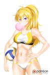  1girl ahoge alfred_cullado ass_visible_through_thighs beach_volleyball bikini blonde_hair breasts bubble_blowing chewing_gum groin hand_on_hip highres long_hair medium_breasts navel patreon_logo rwby solo swimsuit violet_eyes watermark web_address white_background yang_xiao_long 