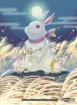  animal_ears bunny_tail butterfly closed_eyes copyright_name earrings force_of_will grass jewelry mie_nabe moon night night_sky no_humans official_art open_mouth rabbit rabbit_ears red_eyes sky sparkle tail teeth 