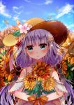  1girl blue_eyes blue_sky blurry clouds cloudy_sky day depth_of_field flower hair_bobbles hair_flower hair_ornament hat highres holding kanna_kamui kobayashi-san_chi_no_maidragon looking_at_viewer low_twintails milktower parted_lips petals purple_hair sky solo straw_hat summer sunflower twintails 