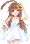  1girl :3 :d ahoge alternate_costume brown_eyes brown_hair casual collarbone commentary_request dress fang flower highres jewelry kantai_collection kuma_(kantai_collection) looking_at_viewer open_mouth ring simple_background smile solo spaghetti_strap standing standing_on_one_leg sunflower wedding_band white_background white_dress yukina_(black0312) 