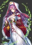  1girl cape copyright_name dress interitio nun official_art purple_hair red_cape sid_story solo star violet_eyes white_dress 
