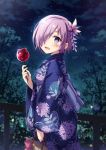 1girl :d blue_kimono blurry blush candy_apple depth_of_field fate/grand_order fate_(series) floral_print food from_side hair_ornament hair_over_one_eye holding holding_bag holding_food japanese_clothes kanzashi kimono looking_at_viewer night nyanya obi open_mouth outdoors purple_hair sash shielder_(fate/grand_order) smile solo violet_eyes wide_sleeves 