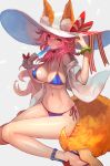  1girl animal_ears bikini blue_bikini breasts cleavage fate/extra fate_(series) food fox_ears fox_tail grey_background hat highres lack large_breasts large_hat licking long_hair navel pink_hair popsicle side-tie_bikini sitting smile solo string_bikini sun_hat sweat swimsuit tail tamamo_(fate)_(all) tamamo_no_mae_(swimsuit_lancer)_(fate) tongue tongue_out white_hat yellow_eyes 