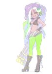  1girl :d absurdres bare_shoulders boots breasts cleavage crop_top dark_skin fingerless_gloves full_body gatling_gun gloves green_eyes green_legwear gun hand_on_hip headphones highres iida_(splatoon) long_hair looking_at_viewer makeup mascara midriff mini_splatling_(splatoon) minigun mole mole_under_mouth navel navel_piercing octarian open_mouth pantyhose_under_shorts piercing purple_hair shorts simple_background sleeveless smile solo splatoon splatoon_2 standing stomach teeth tentacle_hair weapon white_background zipper zipper_pull_tab 