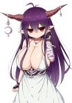  1girl bandage bandaged_arm black_gloves blush breasts cleavage crescent danua doraf dress fingerless_gloves gloves granblue_fantasy hair_between_eyes highres horn_ornament horns huge_breasts jewelry long_hair looking_at_viewer necklace pointy_ears purple_hair red_eyes sawati simple_background solo 