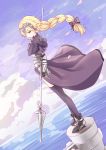  1girl armor black_bow blonde_hair blue_eyes blue_legwear bow braid breasts closed_mouth eyebrows_visible_through_hair fate/apocrypha fate/grand_order fate_(series) full_body hair_bow hair_ribbon hangyaku_no_kusaichigo headpiece highres holding holding_spear holding_weapon long_hair looking_away medium_breasts polearm ruler_(fate/apocrypha) solo spear standing thigh-highs weapon 