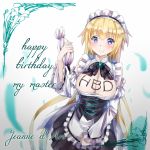  blonde_hair bow chocolate detached_sleeves gem happy_birthday highres long_hair lutecia_syndrome maid maid_headdress ribbon ruler_(fate/apocrypha) ruler_(fate/grand_order) text very_long_hair violet_eyes 
