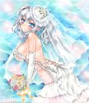  1girl alternate_costume artist_name at_classics bangs bare_shoulders blue_eyes blush bouquet breasts bridal_veil closed_mouth covered_nipples dress elbow_gloves eyebrows_visible_through_hair flower from_side gloves hair_between_eyes holding holding_bouquet jewelry kantai_collection kashima_(kantai_collection) large_breasts looking_at_viewer necklace open-back_dress pearl_necklace sample silver_hair smile solo traditional_media twintails veil watermark wedding_dress white_gloves 