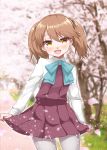  1girl :d bangs blue_bow blue_neckwear blurry blush bow bowtie brown_hair cherry_blossoms collared_shirt commentary_request cosplay cowboy_shot depth_of_field dress falling_petals grey_legwear kantai_collection kirigaku long_sleeves looking_at_viewer open_mouth outdoors pantyhose path petals pleated_dress road ryuujou_(kantai_collection) school_uniform shirt skirt_hold smile solo spring tree twintails white_shirt yuugumo_(kantai_collection) yuugumo_(kantai_collection)_(cosplay) 