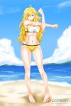  1girl abs ahoge alfred_cullado ass_visible_through_thighs bikini blonde_hair blue_skirt blush breasts cleavage clouds groin highres hips large_breasts legs long_hair long_legs navel ocean patreon_logo rwby sand side-tie_bottom skindentation skirt smile solo stretch swimsuit thighs under_boob violet_eyes water watermark web_address yang_xiao_long 