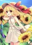  1girl :d arm_up armpit_peek bag bangs bare_arms bare_shoulders blonde_hair blue_sky blush brown_hat buttons clouds collared_dress commentary_request condensation_trail crystal day dress eyebrows_visible_through_hair fang flandre_scarlet flower gradient_sky hair_between_eyes handbag hat hat_ribbon leg_up long_hair looking_at_viewer open_mouth outdoors red_eyes red_ribbon ribbon ruhika sandals sky sleeveless sleeveless_dress smile solo standing standing_on_one_leg straw_hat sunflower touhou white_dress wing_collar wings 
