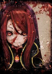  1girl fangs hachachi hair_between_eyes highres long_hair looking_at_viewer original red_eyes redhead slit_pupils smile solo vampire 