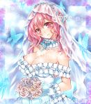  1girl artist_name at_classics blue_bow blue_bowtie blush bouquet bow bowtie breasts bridal_veil bride butterfly cleavage closed_mouth detached_collar dress flower gloves head_tilt holding holding_bouquet large_breasts looking_at_viewer pink_eyes pink_hair saigyouji_yuyuko sample smile solo strapless strapless_dress touhou traditional_media upper_body veil watermark wedding_dress white_gloves 