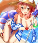  1girl animal_ears bikini blue_bikini blush bracelet breasts cleavage collarbone commentary_request ears_through_headwear fate/grand_order fate_(series) fox_ears fox_tail hat highres innertube jewelry large_breasts long_hair looking_at_viewer ocean open_mouth outdoors parasol pink_hair shiron_(e1na1e2lu2ne3ru3) solo swimsuit tail tamamo_(fate)_(all) tamamo_no_mae_(swimsuit_lancer)_(fate) umbrella yellow_eyes 