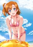  1girl bikini blue_eyes clouds cloudy_sky highres keisuke_(0320030103200301) kousaka_honoka leaning_forward long_hair love_live! love_live!_school_idol_project navel one_side_up orange_hair polka_dot polka_dot_bikini sky solo swimsuit 