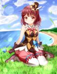  1girl atelier_(series) atelier_sophie blue_bow blush bow breasts brown_eyes brown_hair closed_mouth eyebrows_visible_through_hair grass highres large_breasts looking_at_viewer pantyhose pink_bow seiza sitting smile solo sophie_neuenmuller white_legwear zenon_(for_achieve) 