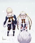  2girls ahoge amase_(yagami666) artoria_pendragon_(all) bell black_boots black_legwear blonde_hair blush boots bow breasts christmas cleavage closed_mouth eyebrows_visible_through_hair fate/grand_order fate_(series) green_bow green_ribbon headpiece jeanne_alter jeanne_alter_(santa_lily)_(fate) looking_at_another looking_at_viewer medium_breasts multicolored multicolored_bow multicolored_ribbon multiple_girls open_mouth pantyhose red_bow red_ribbon ribbon ruler_(fate/apocrypha) saber_alter sack short_hair small_breasts smile snow snowing thigh-highs thigh_boots yellow_eyes 